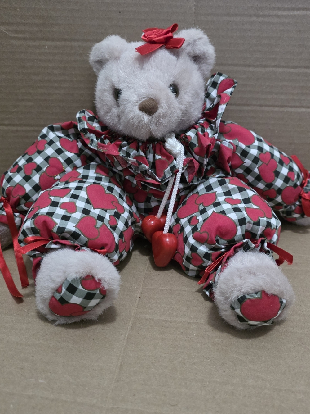 Plush Teddy Bear with Light Brown Fur and Red Heart Outfit
